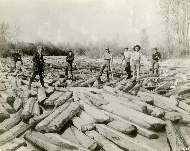 Breaking a tie jam in the Gallatin River, Montana. Library note: The Allen Gold Mining Company was incorporated by W.R. Allen in 1903, and its name was change to the Allen Company in 1907.