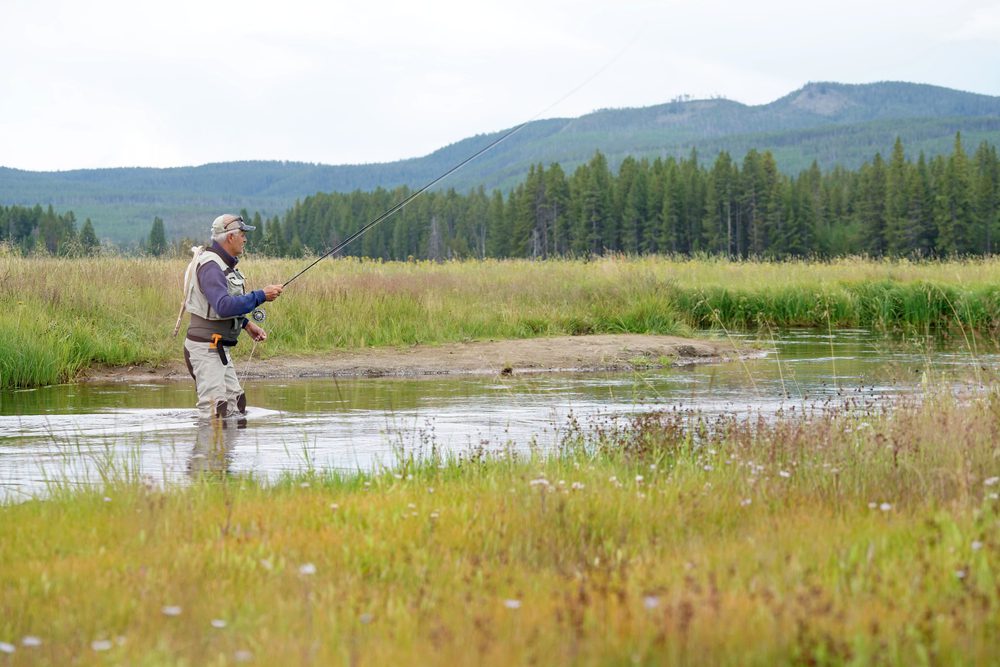 Fly Fishing in Montana: An avid angler fly fishes while wading in the iconic Gallatin River near 320 Guest Ranch.